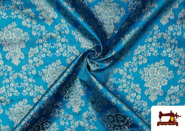Acheter en ligne Tissu en Jacquard avec Fleurs Dorées couleur Bleu turquoise