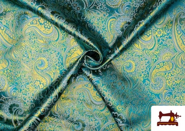 Acheter Tissu Jacquard en Soie avec Cachemire Doré couleur Bleu turquoise