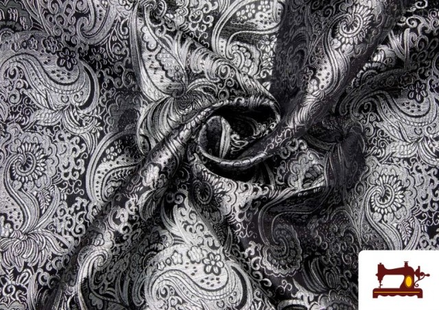 Acheter en ligne Tissu Jacquard en Soie de Couleurs avec Cachemire Argenté couleur Noir