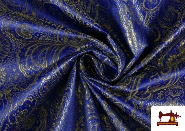 Acheter en ligne Tissu en Jacquard Bleu avec Fleurs Dorées