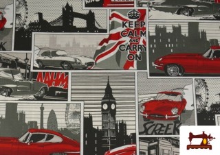 Tissu en Canvas Style BD Rouge avec Imprimé Londres Tissu en Canvas Style BD Rouge avec Imprimé Londres