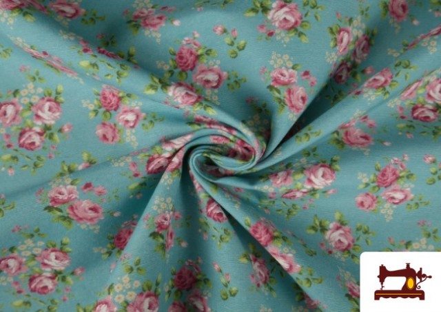 Acheter Tissu en Canvas Imprimé avec Fleurs Romantiques de Couleurs couleur Bleu turquoise