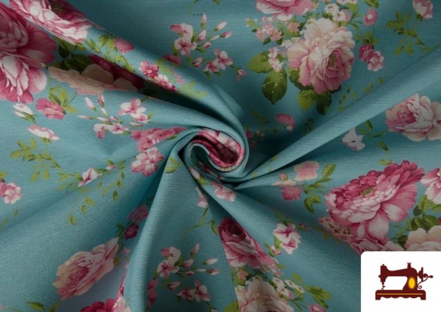 Vente en ligne de Tissu en Canvas Imprimé avec Fleurs Romantiques de Couleurs Dessin Grand couleur Bleu turquoise