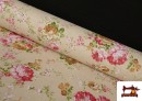 Tissu en Canvas Imprimé avec Fleurs Romantiques de Couleurs Dessin Grand couleur Beige