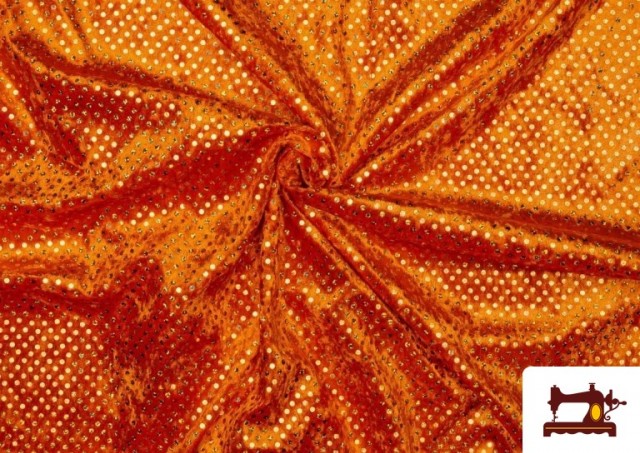 Tissu en Velours avec Paillettes/Strass Holographiques couleur Orange