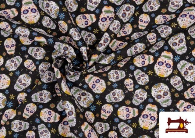 Vente en ligne de Tissu avec Têtes de Morts Mexicaines couleur Noir