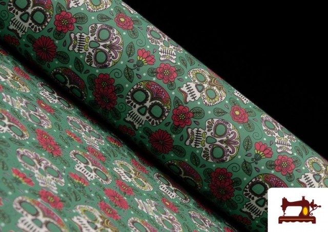 Acheter Tissu en Coton Imprimé avec Têtes de Mort couleur Vert Pétrole
