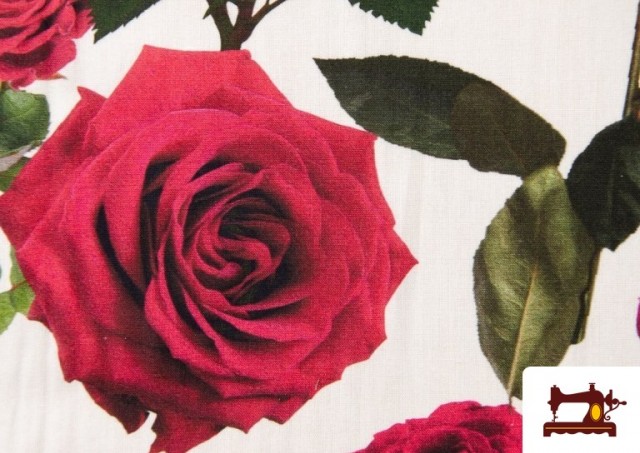 Vente de Tissu en Coton Imprimé Roses Flamenco couleur Blanc
