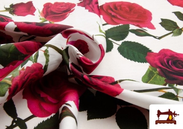 Acheter en ligne Tissu en Coton Imprimé Roses Flamenco couleur Blanc