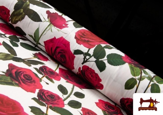 Vente en ligne de Tissu en Coton Imprimé Roses Flamenco couleur Blanc