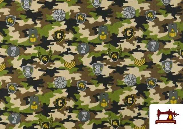 Tissu en Coton avec Imprimé Militaire et Insignes couleur Vert Bouteille