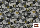 Tissu en Coton avec Imprimé Militaire et Insignes couleur Gris foncé