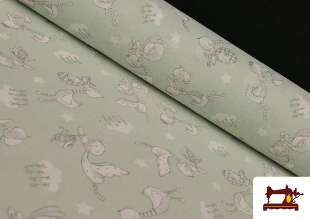 Vente en ligne de Tissu en Coton Organique Imprimé avec Cigognes couleur Vert menthe