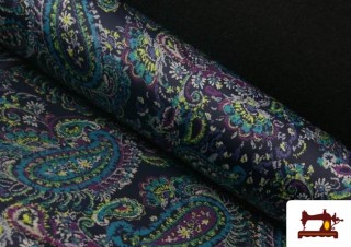 Tissu en Satin Imprimé avec Cachemire Bleu Tissu en Satin Imprimé avec Cachemire Bleu