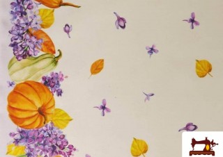 Vente de Tissu Antitaches avec Liseré de Courges et Fleurs Vente de Tissu Antitaches avec Liseré de Courges et Fleurs