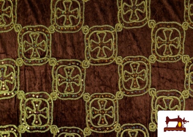 Vente de Tissu en Velours Martelé avec Brodé Médiéval Croix Paillettes couleur Brun