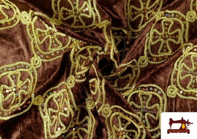 Tissu en Velours Martelé avec Brodé Médiéval Croix Paillettes couleur Brun