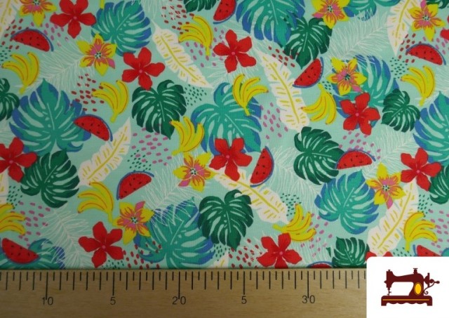 Vente de Tissu de Tee-Shirt Imprimé avec Feuilles Tropicales couleur Bleu turquoise