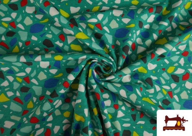 Acheter en ligne Tissu de Tee-Shirt Imprimé avec Mosaïque Multicolore couleur Bleu turquoise