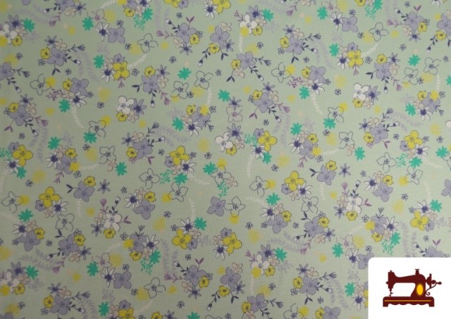 Vente de Tissu de Tee-Shirt Mint Imprimé avec Fleurs Violettes