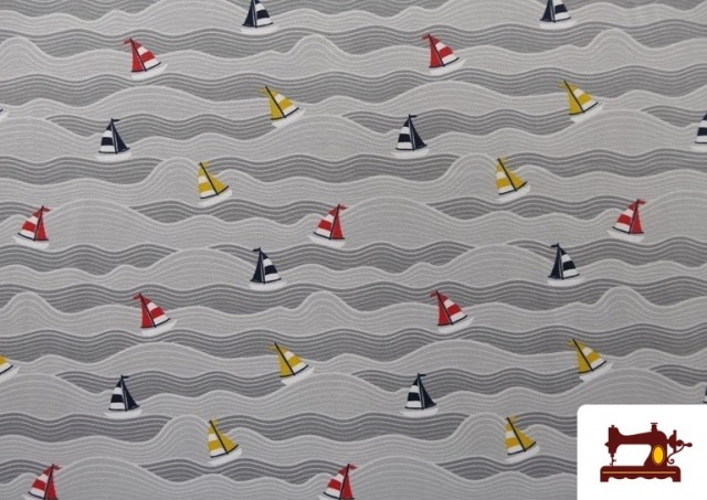 Acheter Tissu de Tee-shirt Imprimé avec Voiliers Dans la Mèr couleur Gris