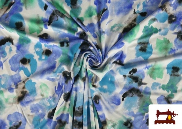 Tissu en Viscose Imprimé avec Fleurs Aquarelle couleur Bleu