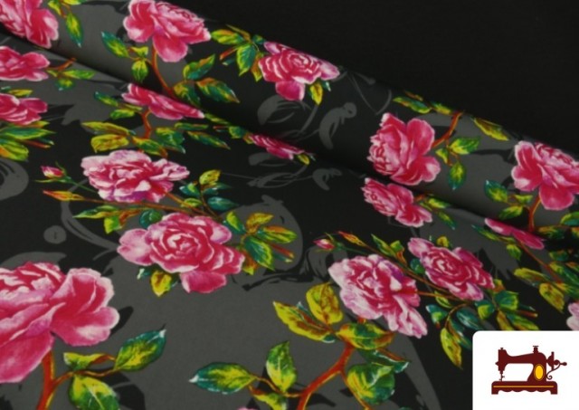 Tissu Noir pour Vêtements Flamenco avec Fleurs Roses