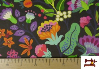 Tissu en Canvas avec Fleurs Multicolores couleur Noir Tissu en Canvas avec Fleurs Multicolores couleur Noir