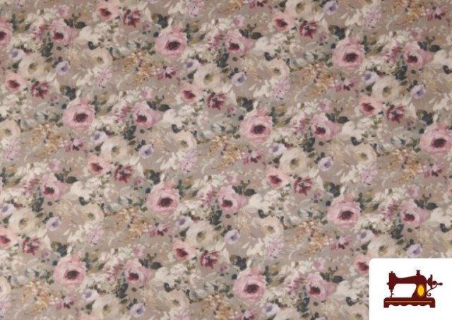 Vente de Tissu en Coton Imprimé avec Fleurs Romantiques de Couleurs couleur Beige