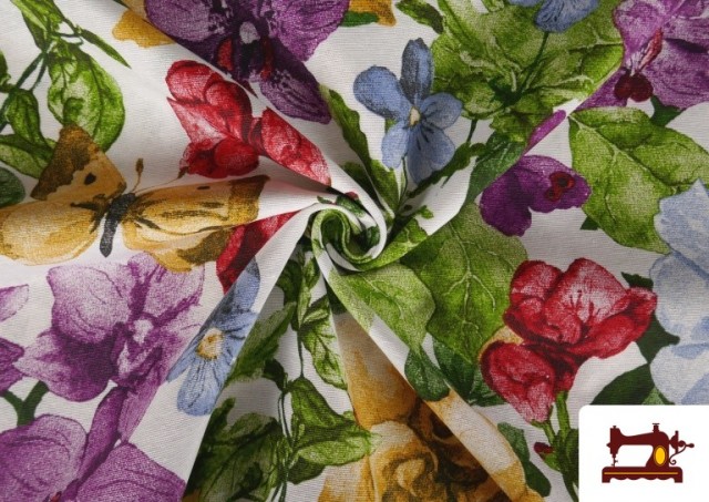 Tissu en Canvas Imprimé avec Orchidées et Papillons