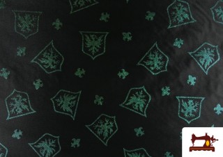 Tissu en Rase Ketten Imprimé avec Boucliers avec Paillettes Médievaux couleur Vert