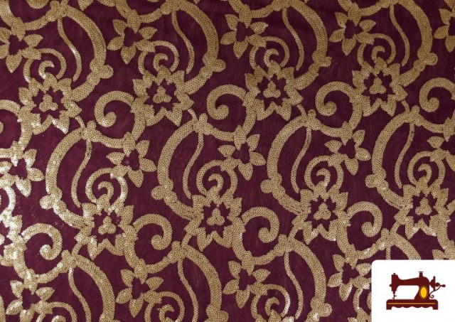 Tissu en Mousseline Brodé Imprimé avec Dessin et Paillettes couleur Grenat