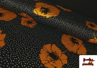 Tissu Style PuntRoma avec Fleurs et Pois couleur Moutarde