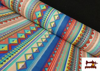 Vente en ligne de Tissu en Coton Imprimé avec Rayures Ethniques Multicolores couleur Bleu Vente en ligne de Tissu en Coton Imprimé avec Rayures Ethniques Multicolores couleur Bleu