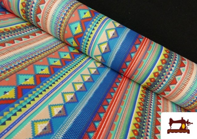 Vente en ligne de Tissu en Coton Imprimé avec Rayures Ethniques Multicolores couleur Bleu