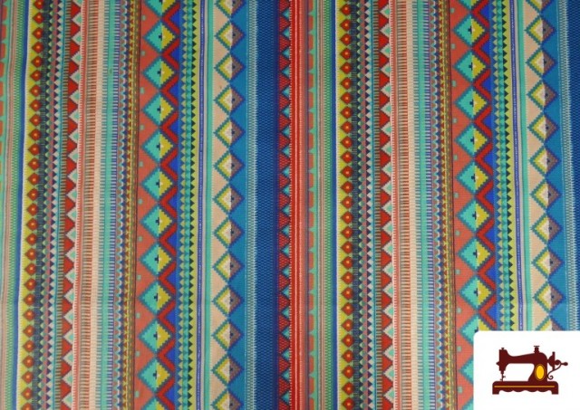 Tissu en Coton Imprimé avec Rayures Ethniques Multicolores couleur Bleu