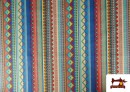 Tissu en Coton Imprimé avec Rayures Ethniques Multicolores couleur Bleu