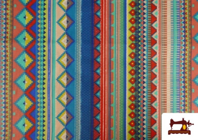 Acheter Tissu en Coton Imprimé avec Rayures Ethniques Multicolores couleur Bleu