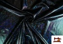 Tissu en Lycra Doré avec Hologramme Multicolore couleur Noir