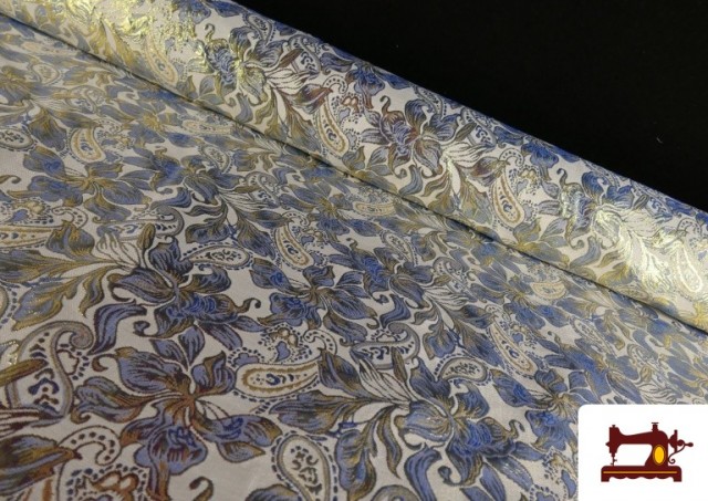 Tissu en Jacquard Floral avec Cachemire pour Vêtements couleur Bleu