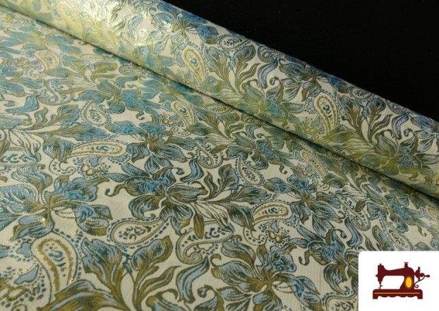 Tissu en Jacquard Floral avec Cachemire pour Vêtements couleur Bleu turquoise