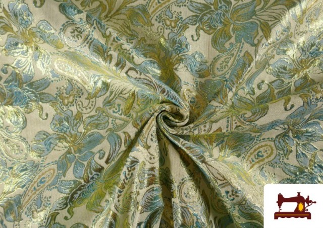 Acheter en ligne Tissu en Jacquard Floral avec Cachemire pour Vêtements couleur Bleu turquoise