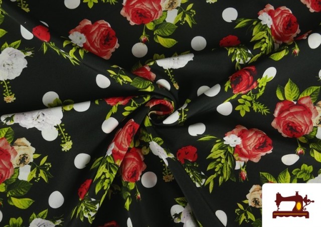 Tissu pour Vêtements Flamenco à Pois avec Fleurs couleur Noir