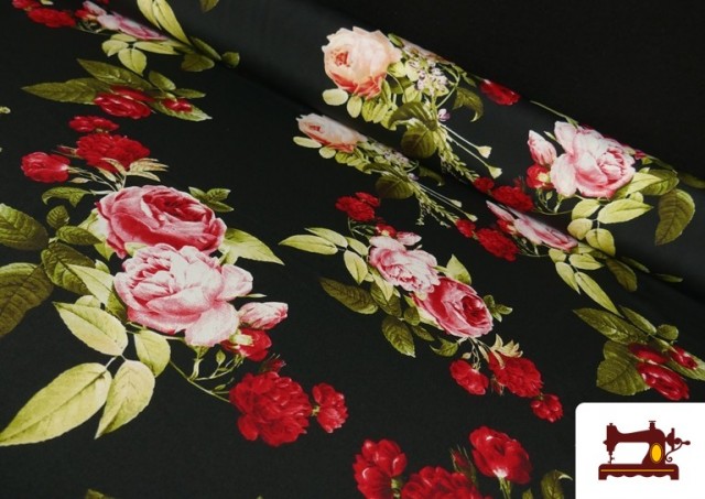 Tissu pour Vêtements Flamenco avec Fleurs Roses couleur Noir