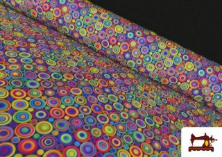 Tissu en Stretch Imprimé avec Cercles Multicolore - Pièce 25 Mètres Tissu en Stretch Imprimé avec Cercles Multicolore - Pièce 25 Mètres