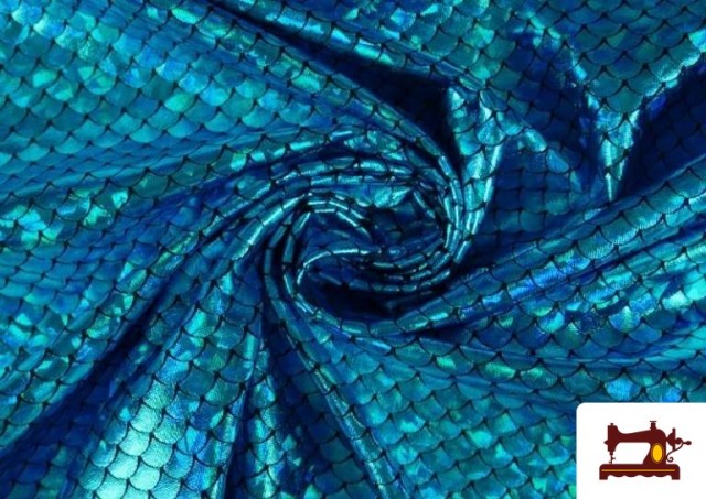 Vente en ligne de Tissu en Lycra Imitation Écailles de Poisson et Sirène couleur Bleu turquoise