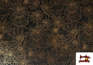 Vente de Tissu en Lamé Imprimé avec Toile d'Araignée Dorée Halloween
