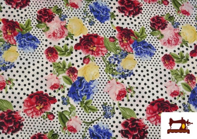 Acheter Tissu Crêpon à Pois et Fleurs Sévillanes couleur Blanc