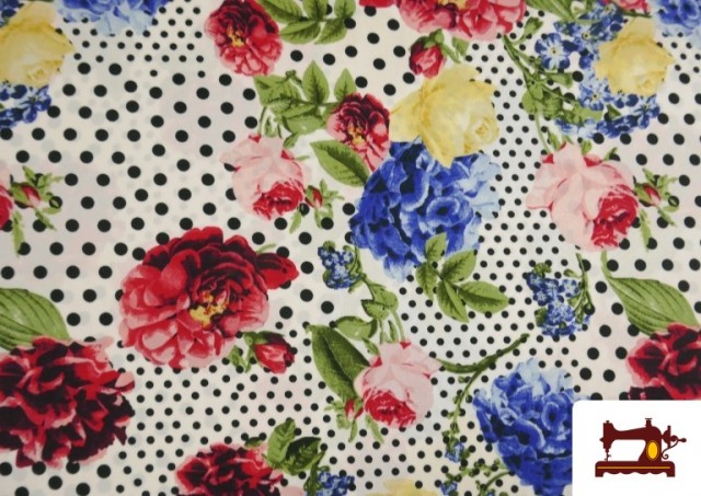 Acheter en ligne Tissu Crêpon à Pois et Fleurs Sévillanes couleur Blanc