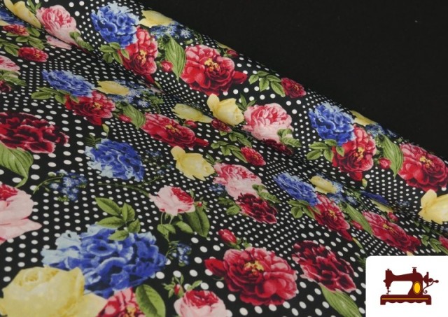 Tissu Crêpon à Pois et Fleurs Sévillanes couleur Noir